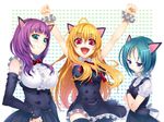  :&lt; :d \o/ animal_ears arms_up blonde_hair blue_eyes breasts cat_ears copyright_request flat_chest green_eyes green_hair hisasi large_breasts long_hair multiple_girls open_mouth outstretched_arms purple_hair red_eyes ribbon short_hair smile thighhighs 