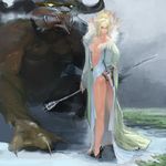  ass blonde_hair copyright_request dress fantasy legs long_hair monster ongaro staff sword weapon 