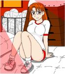  artist_request azumanga_daiou buruma glasses gym_storeroom gym_uniform indoors mizuhara_koyomi oekaki solo vaulting_horse 