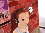  araragi_yuuichi bad_id bad_pixiv_id bow brick_wall hair_bow hairband headphones idolmaster idolmaster_(classic) idolmaster_1 long_hair minase_iori poster_(object) red_eyes red_hair running_bond solo 