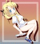  akino_ochiba bare_legs black_ribbon blonde_hair blue_eyes copyright_request full_body gym_uniform hair_ornament hair_ribbon hairclip looking_at_viewer no_pants polka_dot polka_dot_background ribbon shoes sidelocks sneakers solo 