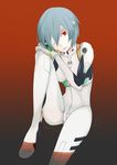  ayanami_rei bandage_over_one_eye bandages bangs blue_hair bodysuit collarbone expressionless ghost-q gradient gradient_background groin_tendon hair_between_eyes hand_on_own_knee head_tilt knee_up lcl neon_genesis_evangelion number pale_skin parted_lips partially_submerged pilot_suit plugsuit red_eyes short_hair sitting solo turtleneck white_bodysuit 