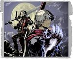  blue_eyes dante_(devil_may_cry) devil_bringer devil_may_cry devil_may_cry_4 male_focus moon multiple_boys nakabayashi_reimei nero_(devil_may_cry) rebellion_(sword) red_queen_(sword) silver_hair sword weapon 