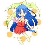  :d blue_eyes blue_hair chibi copyright_request kurasuke long_hair open_mouth smile solo striped striped_legwear thighhighs watering_can 