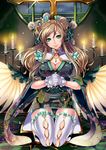  breasts brown_hair candle cleavage cleavage_cutout cross dress gloves green_eyes hair_ornament hands_together jewelry kneeling large_breasts lips looking_at_viewer matsurika_youko necklace original own_hands_together sengoku_taisen shiny solo thighhighs white_legwear window wings zettai_ryouiki 