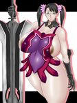  1girl alternate_hairstyle black_hair breasts cattleya flower glasses gloves green_eyes huge_breasts milf oribaru queen&#039;s_blade queen's_blade sword thick_thighs thighs weapon 