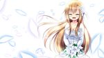  ^_^ asuna_(sao) bouquet breasts brown_hair cleavage closed_eyes dress elbow_gloves flower gloves hair_flower hair_ornament highres long_hair medium_breasts nyarumi open_mouth petals smile solo sword_art_online wedding_dress white_dress 