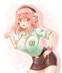  7-eleven belt bent_over blush bracelet breasts cleavage collarbone employee_uniform hand_on_hip headphones highres jewelry large_breasts long_hair looking_at_viewer miniskirt nitroplus okitakung open_clothes open_mouth open_shirt pencil_skirt pink_eyes pink_hair product_placement shirt skirt smile solo super_sonico uniform 
