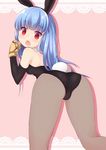  :o animal_ears ass bare_shoulders binsen blue_hair blush breasts bunny_ears bunny_girl bunny_tail bunnysuit fishnet_pantyhose fishnets gloves highres kula_diamond long_hair looking_back medium_breasts open_mouth pantyhose red_eyes solo sweatdrop tail the_king_of_fighters 