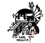  akemi_homura black_hair blood chibi english greyscale gun hair_ribbon invader knife kyubey lowres machine_gun mahou_shoujo_madoka_magica monochrome ribbon rifle weapon 