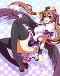  bad_id bad_pixiv_id black_legwear blush breasts brown_hair checkered checkered_background hair_ribbon hat himekaidou_hatate large_breasts long_hair necktie puffy_sleeves ribbon short_sleeves skirt solo star thighhighs tokin_hat touhou twintails v wadani_hitonori wings 