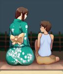  1boy 1girl age_difference ass blush brown_eyes brown_hair from_behind huge_ass japanese_clothes kimono mafen milf outdoors sitting wide_hips yukata 