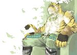  beast beau belt biceps big_muscles blue_eyes clothing feline fur gloves jewelry male mammal muscles pants pecs pose solo throne tiger wallpaper 