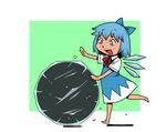  barefoot blue_dress blue_eyes blue_hair bow cirno darkness dress frozen hair_bow onikobe_rin open_mouth puffy_sleeves rolling rumia rumia_(darkness) shirt short_hair short_sleeves smile touhou wings 
