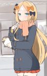  1girl abigail_williams_(fate/grand_order) absurdres alternate_costume bangs black_bow blonde_hair blue_coat blue_eyes blush bow brown_scarf casual closed_mouth coat cowboy_shot crepe crossed_bandaids duffel_coat eyebrows_visible_through_hair fate/grand_order fate_(series) food forehead fringe_trim hair_bow highres holding holding_food long_hair long_sleeves looking_at_viewer miniskirt moyoron orange_bow parted_bangs pleated_skirt polka_dot polka_dot_bow red_skirt scarf sketch skirt sleeves_past_wrists smile solo very_long_hair 