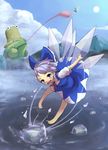  bad_id bad_pixiv_id barefoot blue_dress blue_eyes blue_hair blue_sky blush_stickers bow cirno cloud daiyousei day dress flapping flying frog frozen frozen_frog green_hair hair_bow highres lake long_tongue mountain multiple_girls open_mouth outdoors puffy_sleeves pyonta shirt short_hair short_sleeves sky smile sun tongue tongue_out touhou water weien wings 