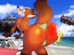  anthro beach big_butt bikini bulge butt canine clenched_teeth clothed clothing crossdressing disney dracojeff english_text fox girly gloves_(marking) male mammal markings multicolored_tail nick_wilde paddle pain seaside solo sound_effects spanking swimsuit tears teeth text thick_thighs tight_clothing zootopia 