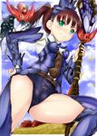  bnahabra bnahabra_(armor) bodysuit brown_hair bug cameltoe day green_eyes hand_on_hip hat highres insect leotard long_hair monster_hunter monster_hunter_4 outdoors ponytail pt@i smile solo staff thighhighs thighs weapon 