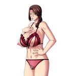  1girl artist_request bra breasts brown_hair censored character_request cleavage jewelry large_breasts lingerie long_hair looking_at_viewer migakeba_hikaru milf navel nippleless_clothes nipples panties red_bra red_panties ring solo source_request underwear yellow_eyes 