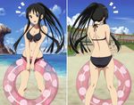  akiyama_mio artist_request ass beach bikini black_bikini black_eyes black_hair breast_squeeze breasts cleavage day from_behind front-tie_top highres hirasawa_yui innertube k-on! kotobuki_tsumugi long_hair medium_breasts multiple_girls navel ocean outdoors ponytail swimsuit tainaka_ritsu water 