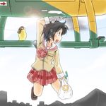  aircraft bag bird black_eyes black_hair cigarette fish gaketsu grocery_bag helicopter mogura_(nichijou) nichijou school_uniform shinonome_nano shopping_bag short_hair skirt smile solo tokisadame_school_uniform winding_key 