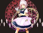  apron bow braid hair_bow izayoi_sakuya kanitama_(putyourhead) knife magic_circle maid maid_headdress pocket_watch red_eyes short_hair short_sleeves silver_hair solo star touhou twin_braids watch weapon wrist_cuffs 