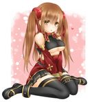  :p asuna_(sao) bare_shoulders between_legs blush breasts brown_eyes brown_hair cosplay covered_nipples cross hand_between_legs highres knees_together_feet_apart large_breasts long_hair looking_at_viewer miko_92 pleated_skirt silica silica_(cosplay) sitting skirt solo sword_art_online thighhighs tongue tongue_out twintails underboob v_arms wariza zettai_ryouiki 