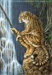  anthro bracelet cat dark_natasha feline gold jewelry male mammal necklace polearm ring rocks ruins scenery solo staff stick stripes tiger tree water waterfall wood 