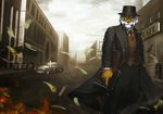  beast cafe car clothed clothing defago feather feline fire fur gun hat looking_at_viewer male mammal ranged_weapon solo standing street tiger wallpaper weapon 