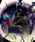  bad_id bad_pixiv_id blue_hair blurry chinese_clothes food from_behind fruit glowing glowing_eyes hat hinanawi_tenshi miyako_yoshika multiple_girls ofuda open_mouth outstretched_arms peach skeleton smile star sword sword_of_hisou tetsurou_(fe+) touhou weapon yellow_eyes zombie_pose 