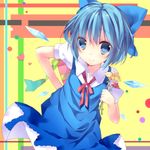  blue_eyes blue_hair blush bow cirno detached_wings flower hair_bow heart ice ice_wings kisaragi_kiriha short_hair short_sleeves smile solo touhou wings 