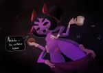  anthro arachnid arthropod clothing cup dialogue doughnut fangs female food gloves hi_res low-angle_view muffet multi_limb solo spider undertale undressing unknown_artist video_games worm&#039;s-eye_view 
