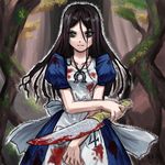  alice:_madness_returns alice_(wonderland) alice_in_wonderland american_mcgee's_alice apron aura black-yuzunyan blood bloody_clothes bloody_knife bow brown_hair forest green_eyes horseshoe jewelry jupiter_symbol knife long_hair nature necklace solo 