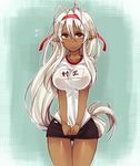  aki_(prdx85) antenna_hair bad_id bad_pixiv_id blush breast_squeeze breasts dark_elf dark_skin elf gym_shorts gym_uniform headband large_breasts long_hair looking_at_viewer pointy_ears sansei_muramasa shirt_tug shorts solo soukou_akki_muramasa sportswear standing sweat very_long_hair white_hair yellow_eyes 