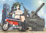  1girl assault_rifle blue_eyes breasts caterpillar_tracks cloud day gas_pump gas_pump_nozzle glasses graphite_(medium) ground_vehicle gun highres honda ichigotofu machine_gun mechanical_pencil military military_vehicle motocompo motor_vehicle motorcycle original pencil rifle short_hair sitting sky solo sun t-72 tank traditional_media weapon 