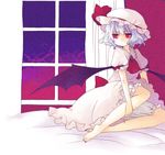 ascot barefoot bat_wings bloomers blue_hair brooch curtains hat hat_ribbon indoors jewelry kanitama_(putyourhead) puffy_sleeves red_eyes remilia_scarlet ribbon short_hair short_sleeves slit_pupils solo touhou underwear window wings 