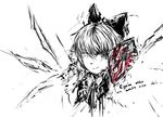  bow cirno english hair_bow hair_over_one_eye ice ice_wings merpperoni monochrome short_hair solo spot_color text_focus touhou upper_body wings 