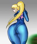  1girl artist_request ass blonde_hair blue_eyes boongar boongari gradient gradient_background highres long_hair metroid mole ponytail samus_aran solo weapon zero_suit 