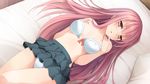  bed blush bra game_cg imouto_no_katachi long_hair miyuki_sena mutou_kurihito panties pink_hair skirt sphere underwear 