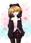  animal_ears bear_ears brown_eyes brown_hair character_name collarbone flat_chest highres hirasawa_yui hood hoodie k-on! minimaru no_bra pantyhose short_hair 