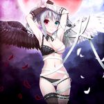  armpits arms_up asymmetrical_clothes asymmetrical_wings bandages blue_eyes blush bra breasts detached_collar drill_hair feathers gloves heterochromia idolmaster idolmaster_cinderella_girls kanzaki_ranko medium_breasts navel panties pink_eyes shiny shiny_skin silver_hair skindentation smile solo thigh_gap thighhighs totokichi twin_drills twintails underwear underwear_only wings 