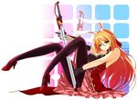  animal_ears bare_shoulders black_legwear blush braid breasts bunny_ears choker cleavage elke_schumann fatkewell gloves green_eyes hair_ribbon high_heels large_breasts long_hair looking_at_viewer original pantyhose ribbon shoes sitting smile solo sword weapon 