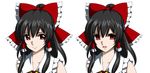  black_hair bow collarbone empty_eyes gundam gundam_seed hair_bow hair_tubes hakurei_reimu long_hair parody ponytail red_eyes style_parody takemori_shintarou touhou white_background 