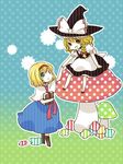  alice_margatroid apron bad_id bad_pixiv_id blonde_hair blue_eyes book bow braid brown_eyes capelet cross-laced_footwear hairband hat hat_bow kanitama_(putyourhead) kirisame_marisa multiple_girls mushroom open_mouth puffy_sleeves short_hair short_sleeves side_braid single_braid sitting touhou white_bow witch_hat 