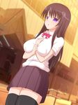  black_thunder breasts building highres long_hair original purple_eyes purple_hair school_uniform skirt socks solo 