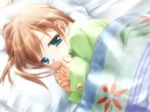  1girl bedding blanket brown_hair canvas cocktail_soft f&amp;c game_cg gayarou green_eyes pajamas pillow solo tachibana_amane 