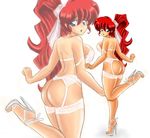  ass blue_eyes breasts genderswap high_heels highres large_breasts lingerie link12911291 long_hair looking_at_viewer open_mouth open_shoes ponytail ranma-chan ranma_1/2 red_hair saotome_ranma shoes solo underwear 