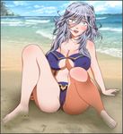  banpresto beach blush breasts cleavage cloud feet highres large_breasts long_hair open_mouth purple_hair sand shiony_regis sky solo spread_legs super_robot_wars sweat swimsuit toes water yadokari_genpachirou 