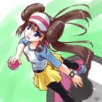  black-yuzunyan black_legwear blue_eyes breasts brown_hair double_bun fang from_above holding holding_poke_ball legwear_under_shorts long_hair looking_up medium_breasts mei_(pokemon) open_mouth pantyhose poke_ball pokemon pokemon_(game) pokemon_bw2 raglan_sleeves shorts signature solo twintails visor_cap 