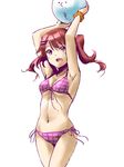  armpits ball bikini brown_eyes copyright_request hair_ornament hairpin highres ikuwataru_nagomi navel open_mouth plaid plaid_bikini red_hair short_hair side-tie_bikini simple_background sketch solo swimsuit twintails white_background 